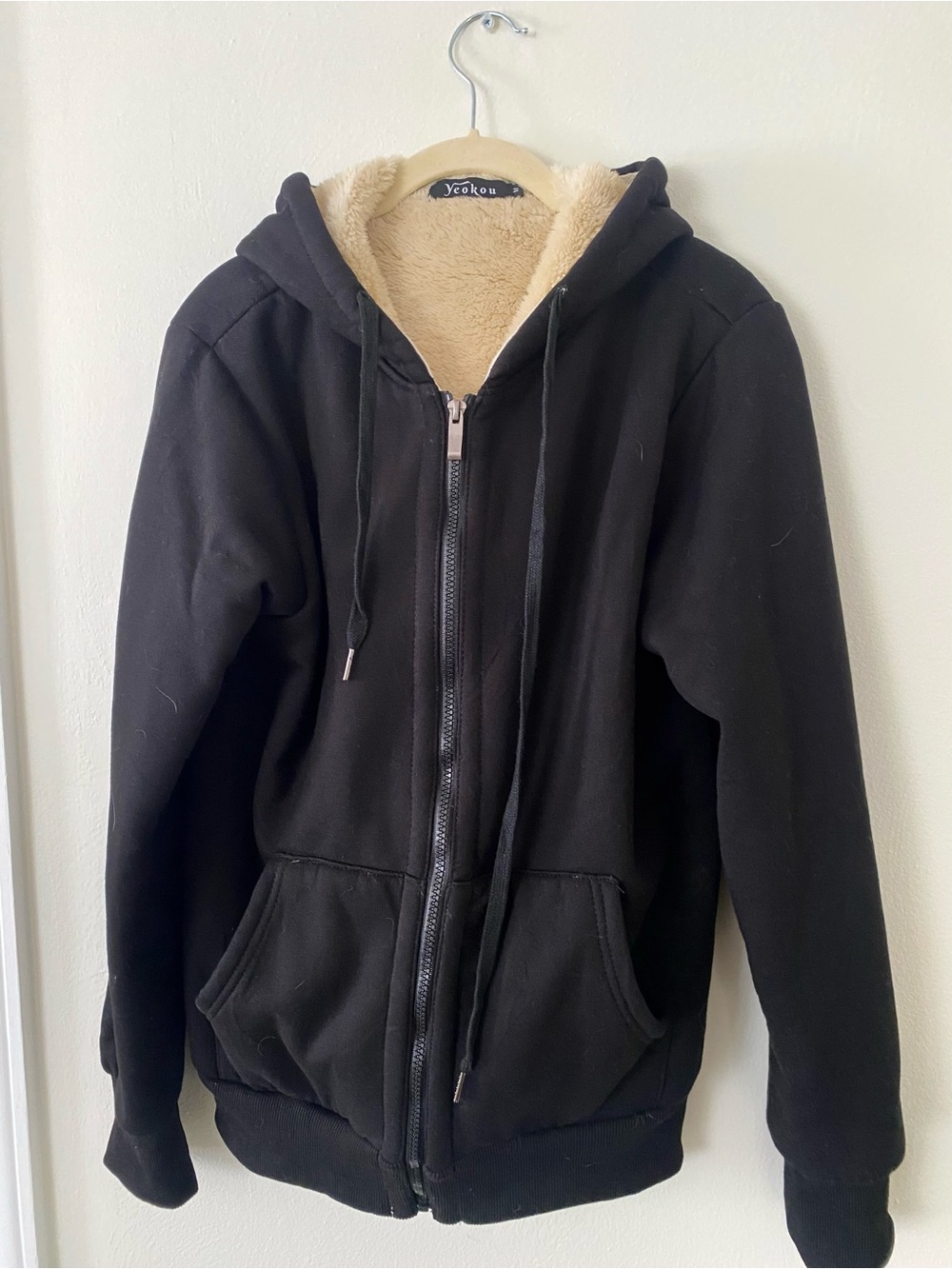Black Sherpa-Lined Bomber Hoodie Jacket by Yekouu